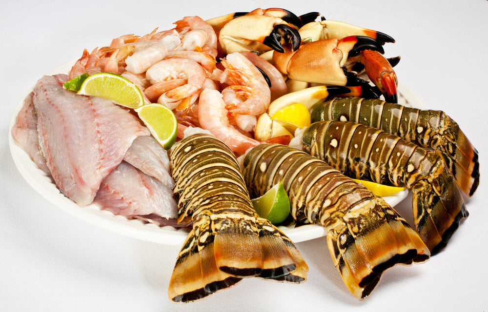 Florida lobster tails, stone crab claws, yellowtail snapper, pink shrimp